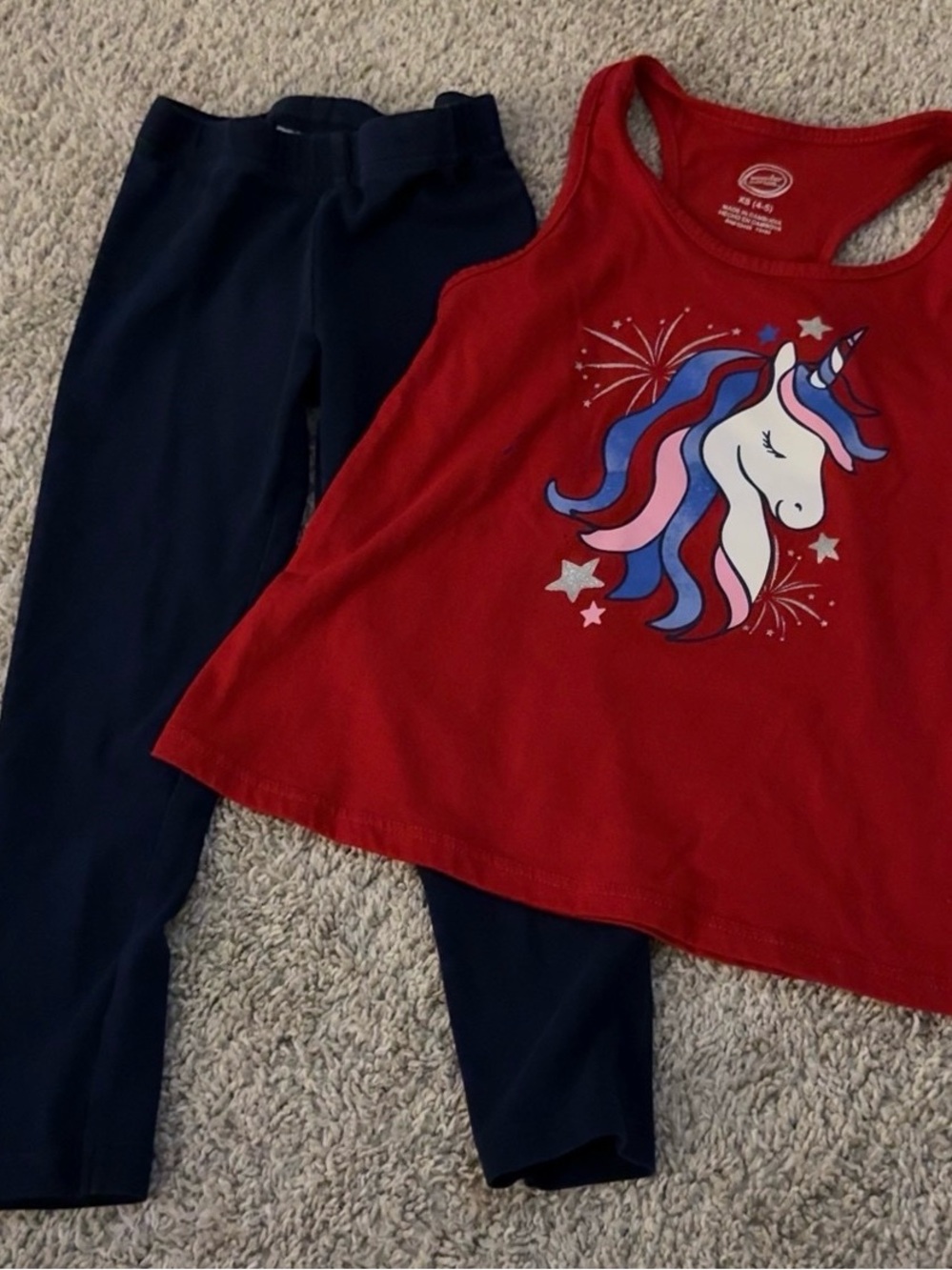 Girls Red Unicorn Tank with Navy Leggings